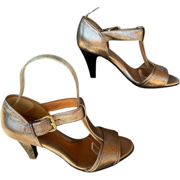 Sofft Metallic Silver Crackle T-Strap Heels Women’s SZ 7.5 Glam Holiday Coquette - Picture 1 of 12